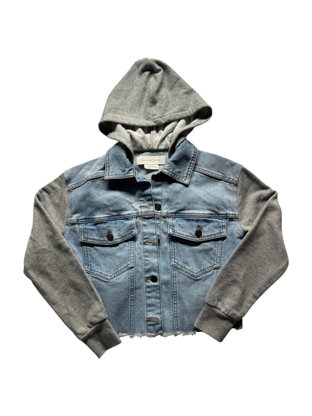 Treasure & Bond Girls Hooded Denim Jacket Size 10/12 Light Wash Raw Hem